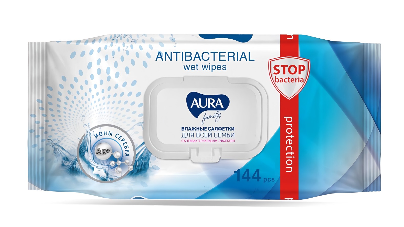 Aura влажные салфетки антибактериальные для всей семьи с крышкой 144 шт