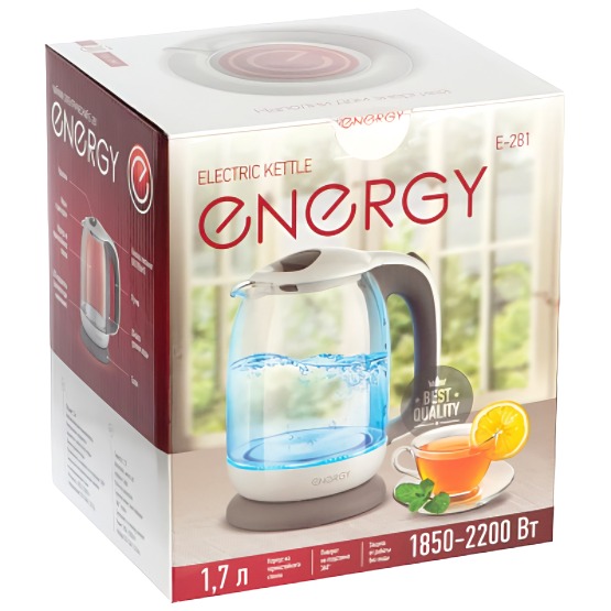 Чайник Energy E-281 (1.7л) стекло, пластик, цвет бело-серый