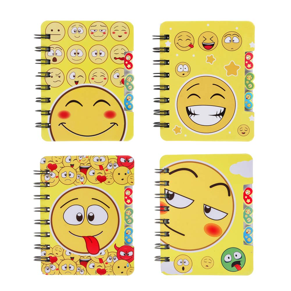 Записная книжка 12х9,3см, 57 листов "Смайлики" картон спираль 3 цветных разделителя 4 дизайна
