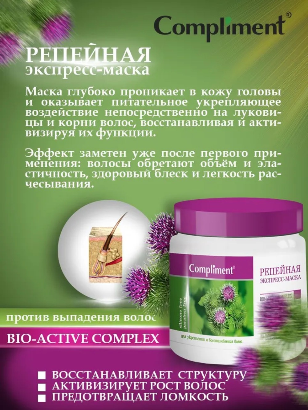 Compliment репейная серия экспресс-маска репейная для укрепления и восстановления волос 500 мл