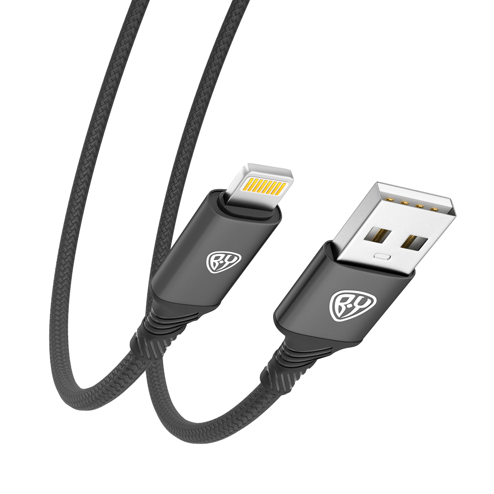 BY Кабель для зарядки Glossy iP, 1м, Быстрая зарядка 2.4А, 12W, тканевый, черный
