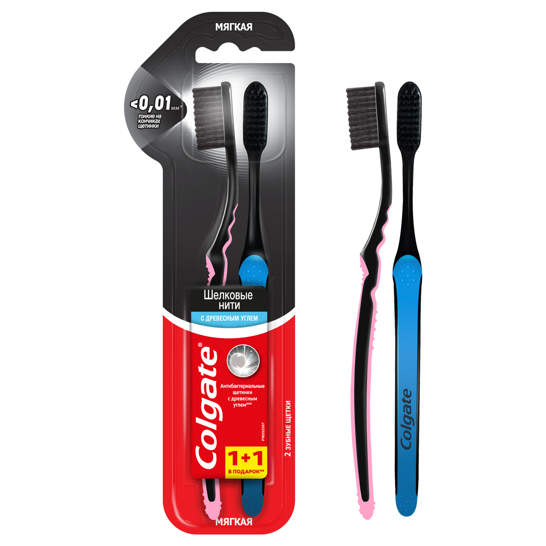 Колгейт Шелковые нити уголь 1+1 мягкая зубная щетка