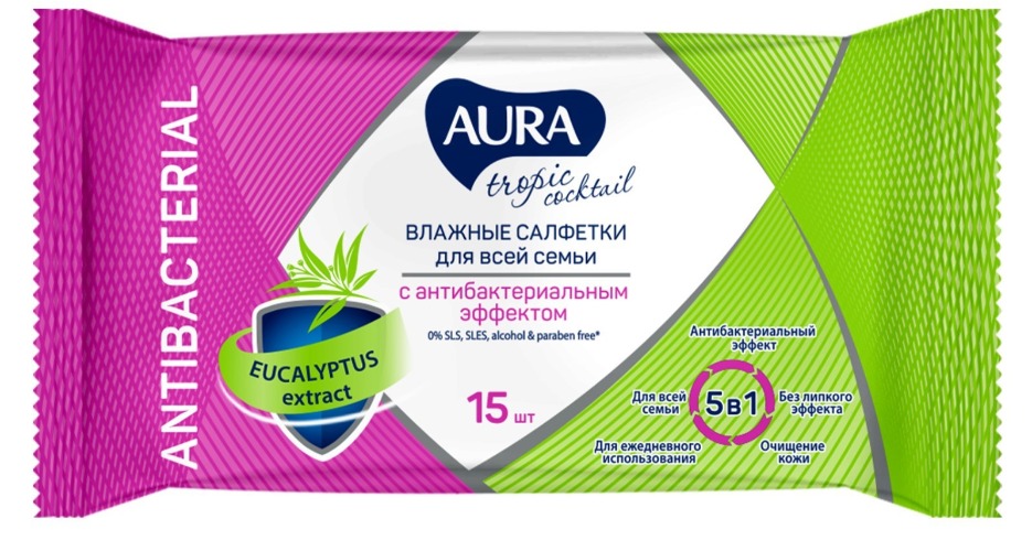Aura влажные салфетки с антибактериальным эффектомТропический коктейль 15шт
