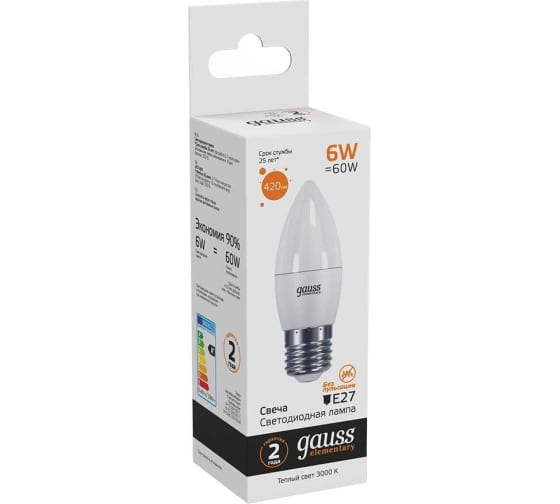 Лампа Gauss Led Elementary Свеча 6W E27 420lm 3000K