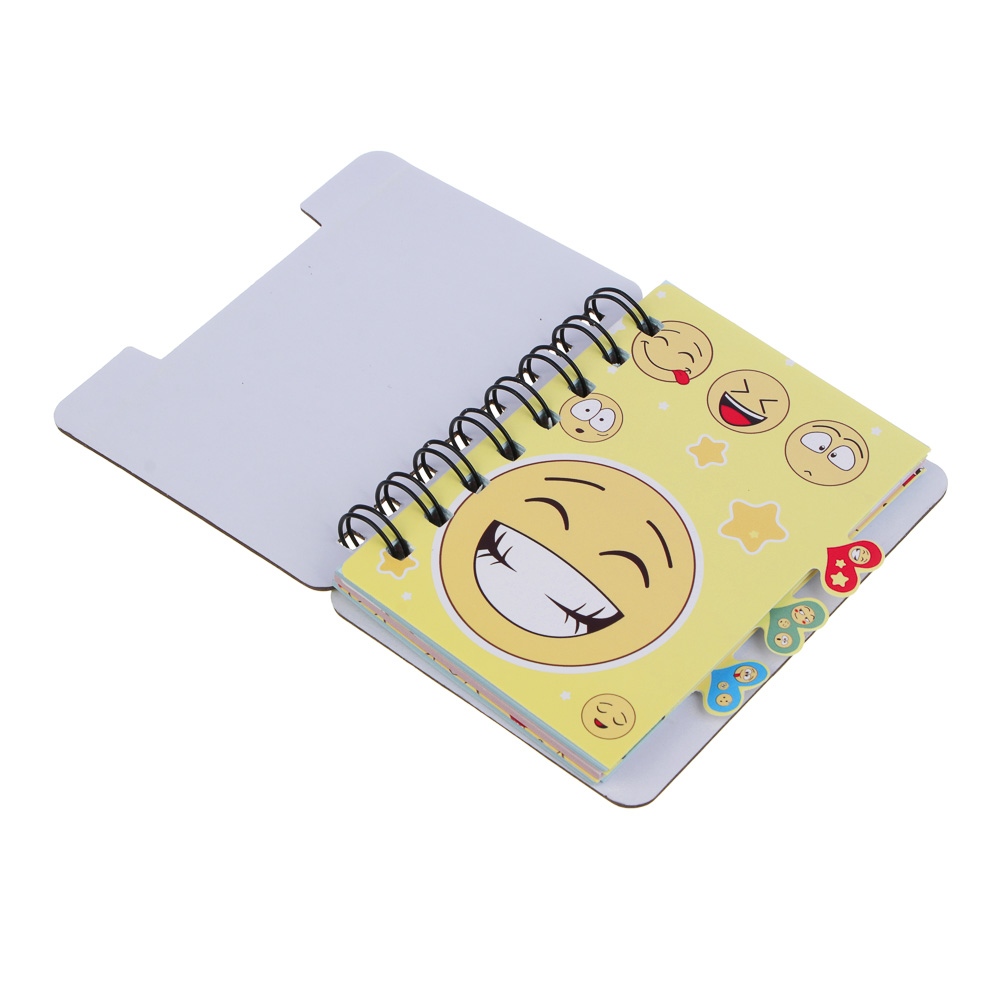 Записная книжка 12х9,3см, 57 листов "Смайлики" картон спираль 3 цветных разделителя 4 дизайна