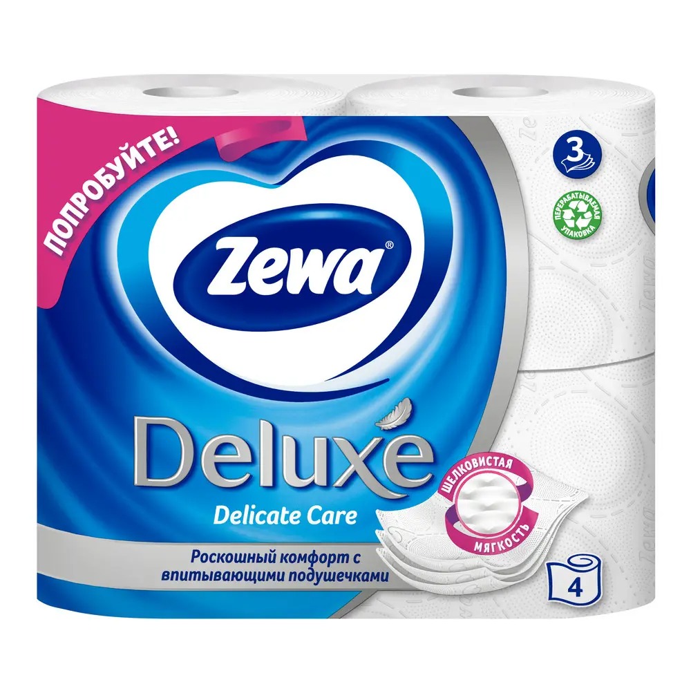 Зева Deluxe туалетная бумага 3-белая без аромата(хлопок) 4шт