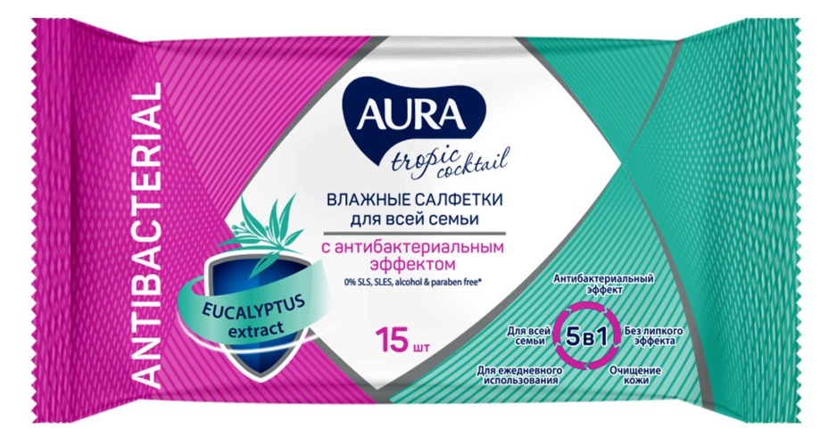 Aura влажные салфетки с антибактериальным эффектомТропический коктейль 15шт