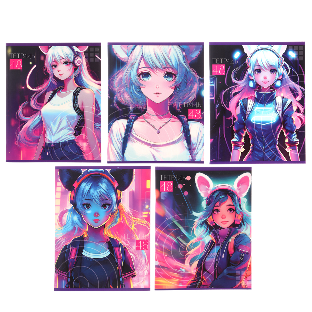 ClipStudio Тетрадь общая 48л, в клетку, офсет, обл мел. картон, скрепка, Аниме, 5 диз