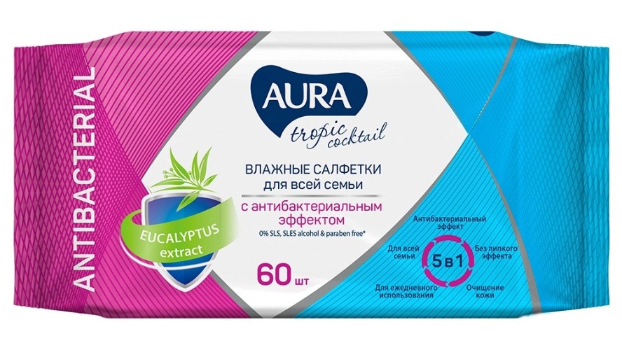 Aura влажные салфетки с антибактериальным эффектом Тропический коктейль 60шт