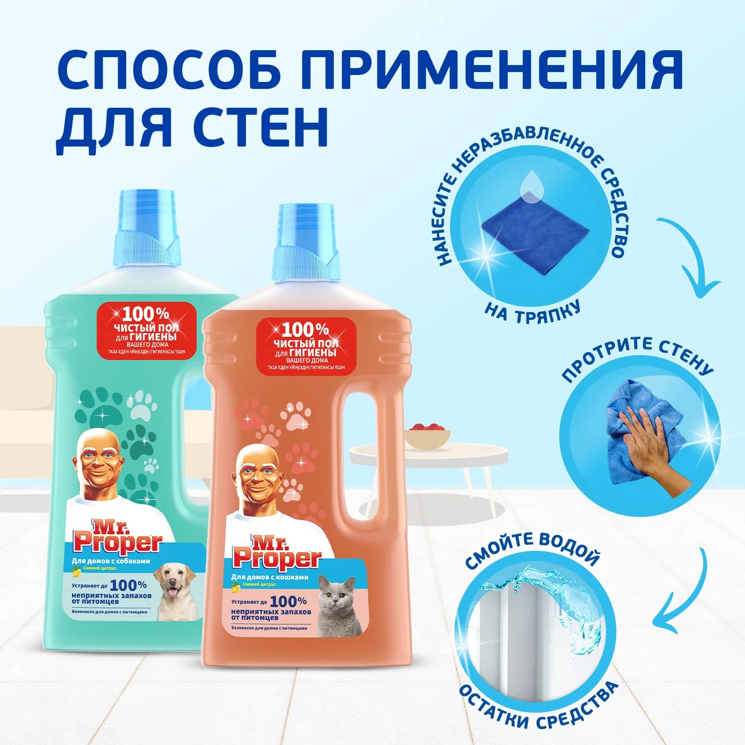 Мистер пропер для полов и стен  для домов с кошками Свежий цитрус 1л