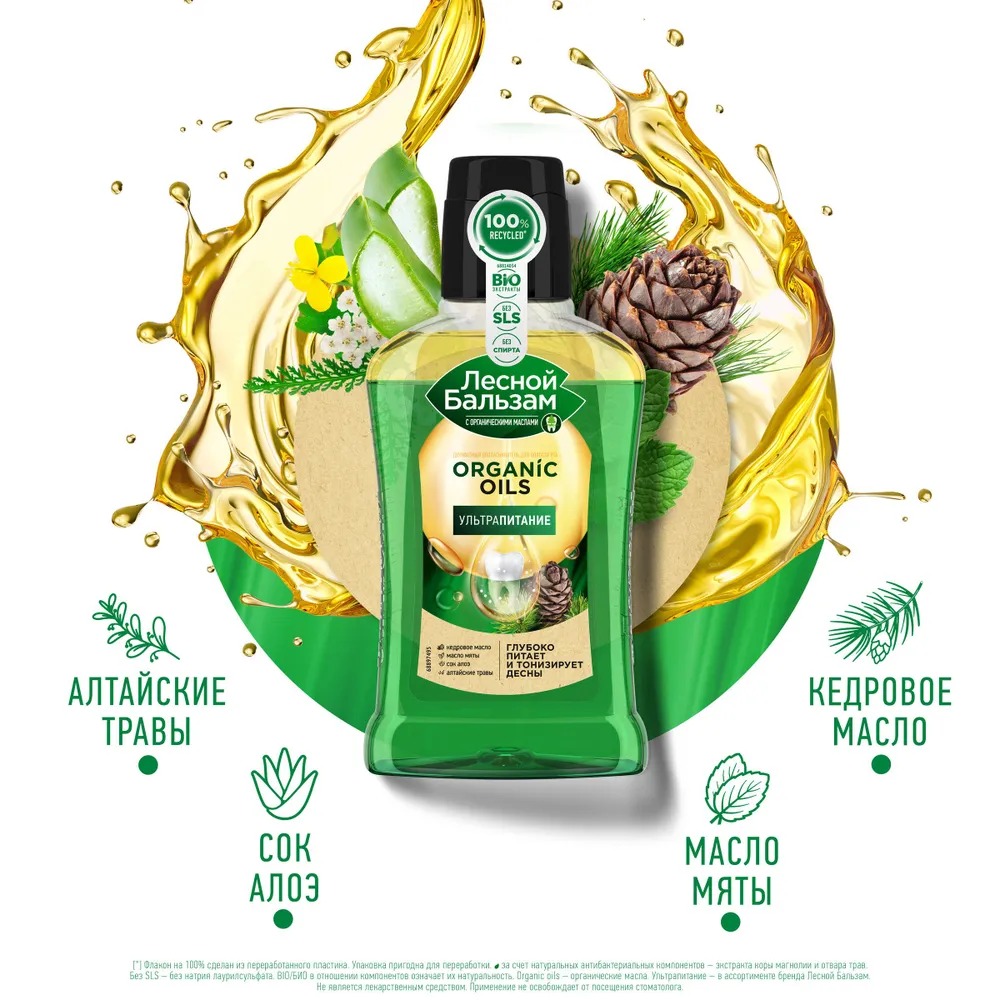 Лесной бальзам двухфазный ополаскиватель для полости рта с орг.маслами и алоэ 250мл