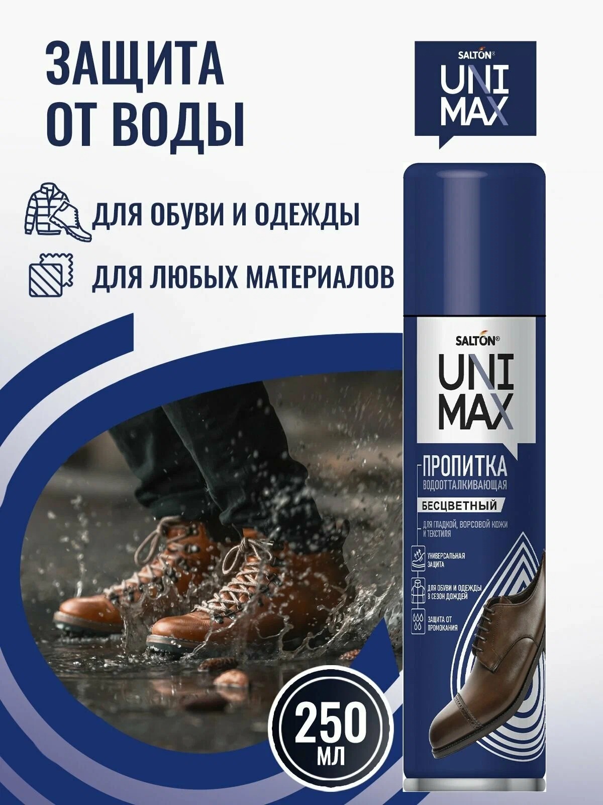 Unimax Средство для защиты от воды изделий из гладкой кожи,замши, нубука, велюра и текстиля 250 мл