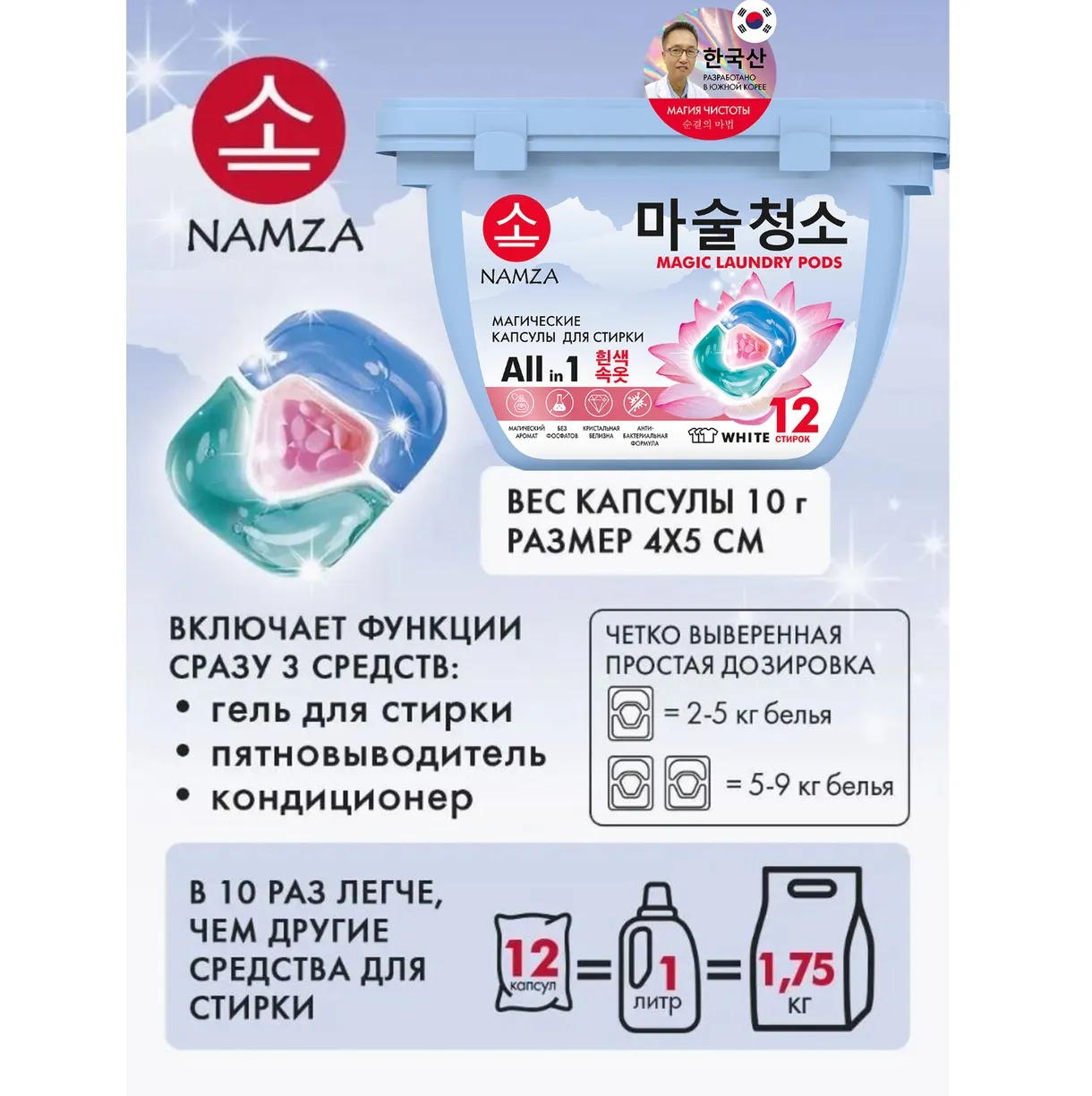 Namza  Средство для стирки жидкое в растворимых капсулах для белого белья 12 шт 