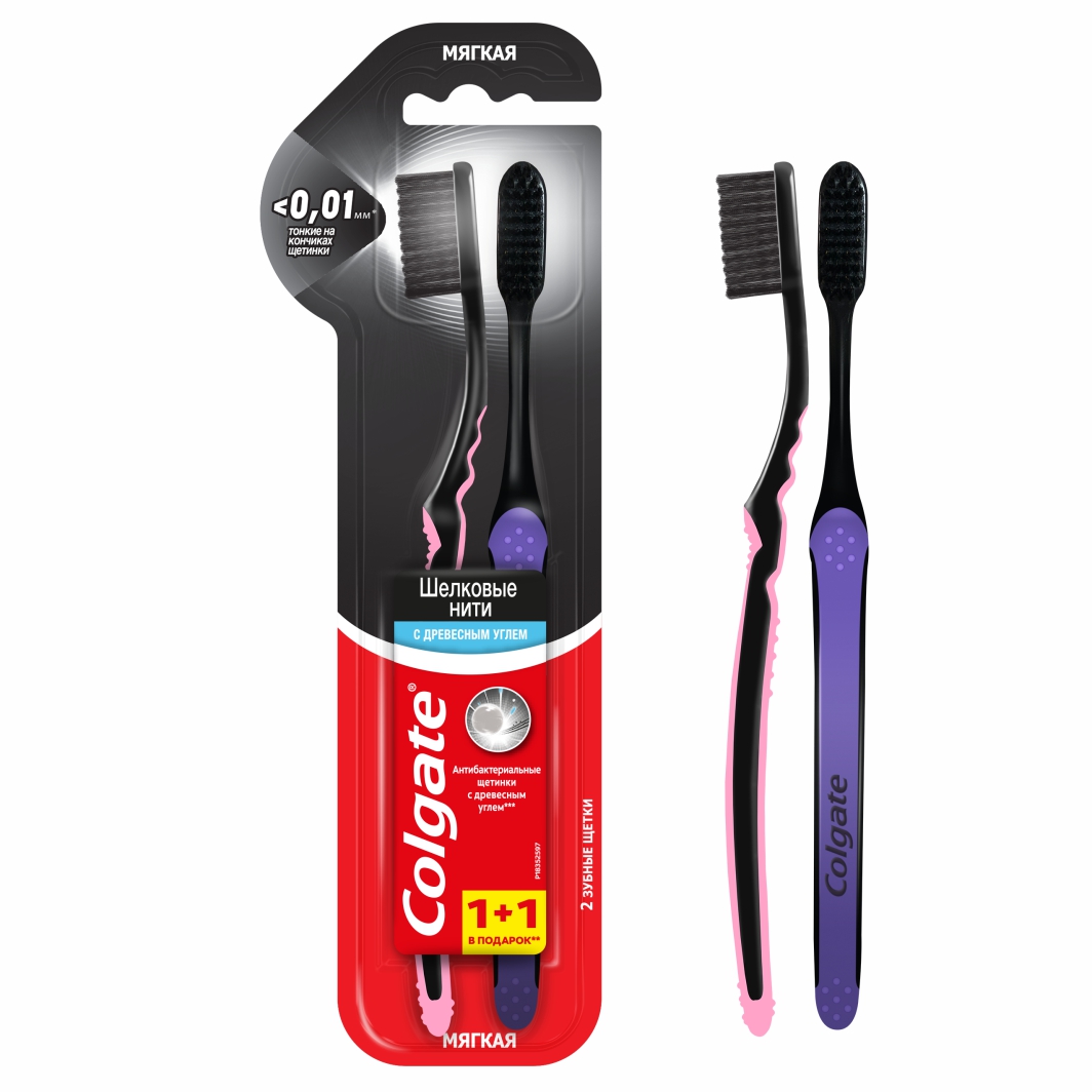 Колгейт Шелковые нити уголь 1+1 мягкая зубная щетка