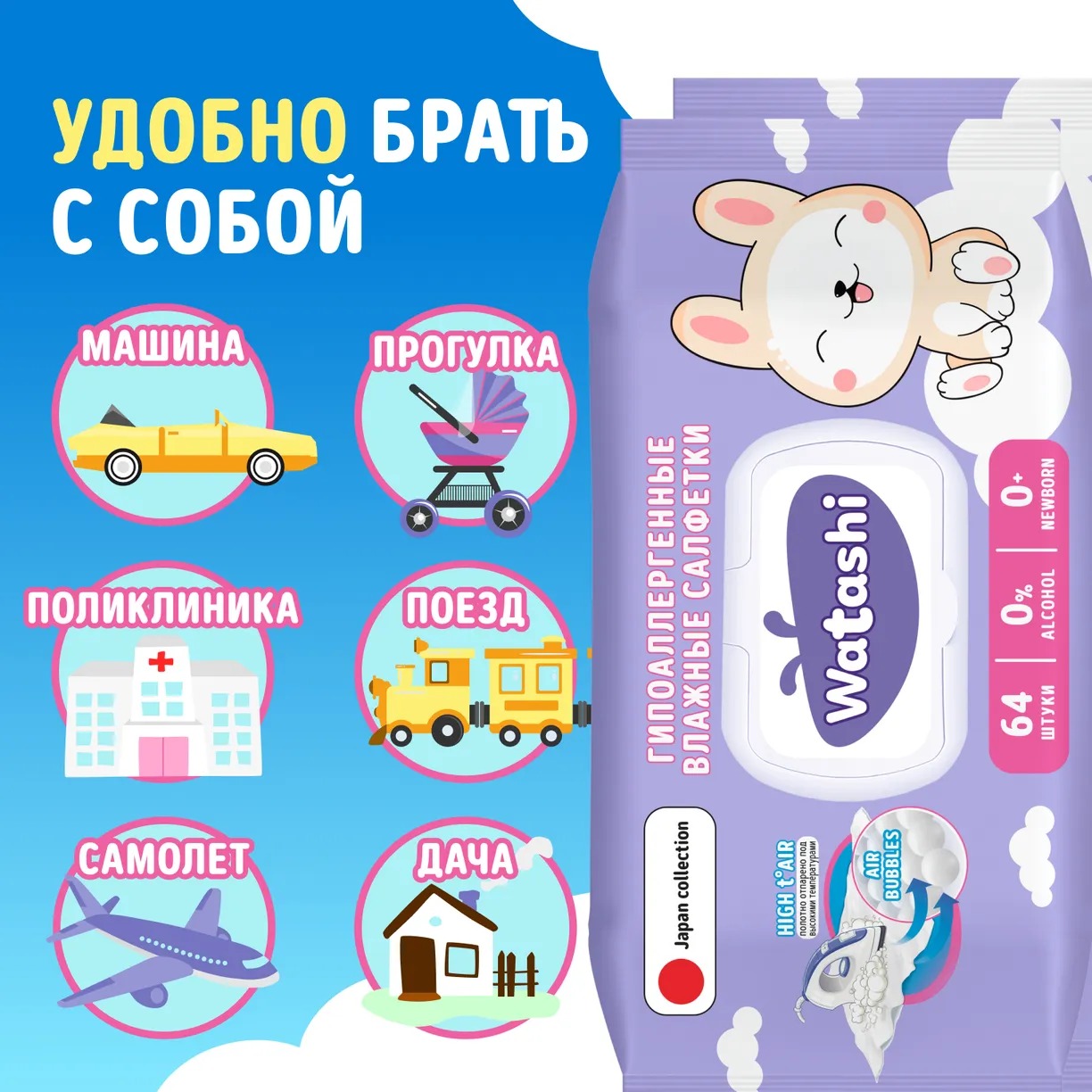 Watashi Влажные салфетки для детей 0+ big-pack с крышкой 64 шт