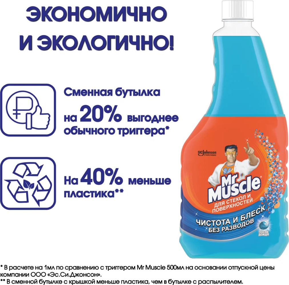 Мистер Мускул для стекол/поверхн.спирт После дождя смен.бут.500м синий