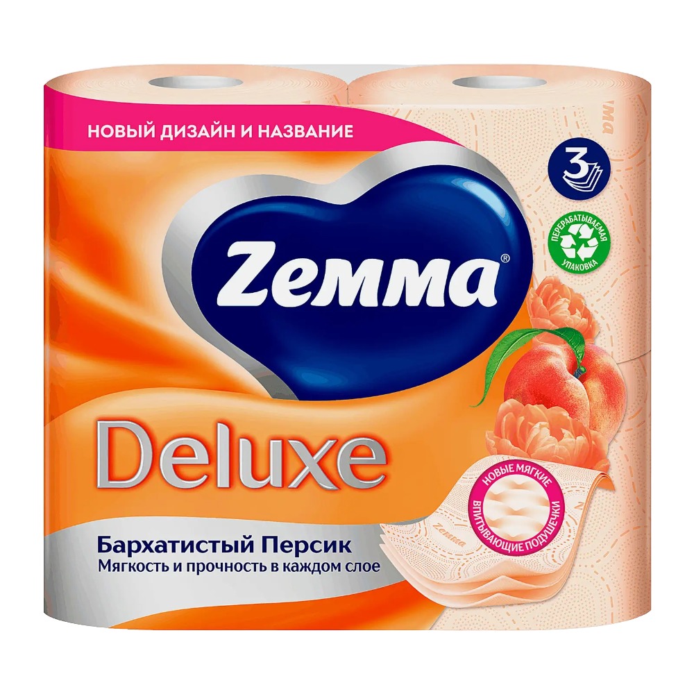 Зева/Земма Deluxe туалетная бумага 3-слойная аромат 4шт (персик)