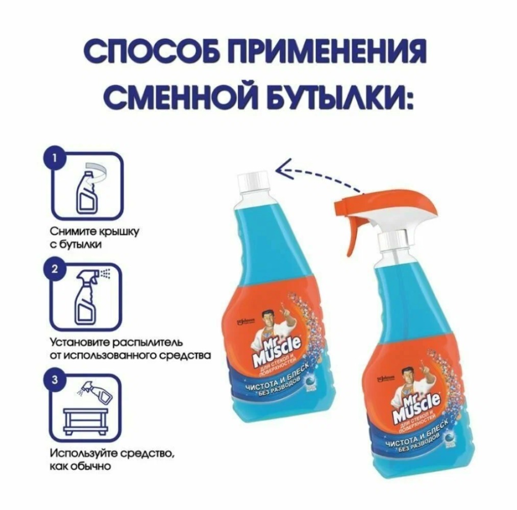 Мистер Мускул для стекол/поверхн.спирт После дождя смен.бут.500м синий