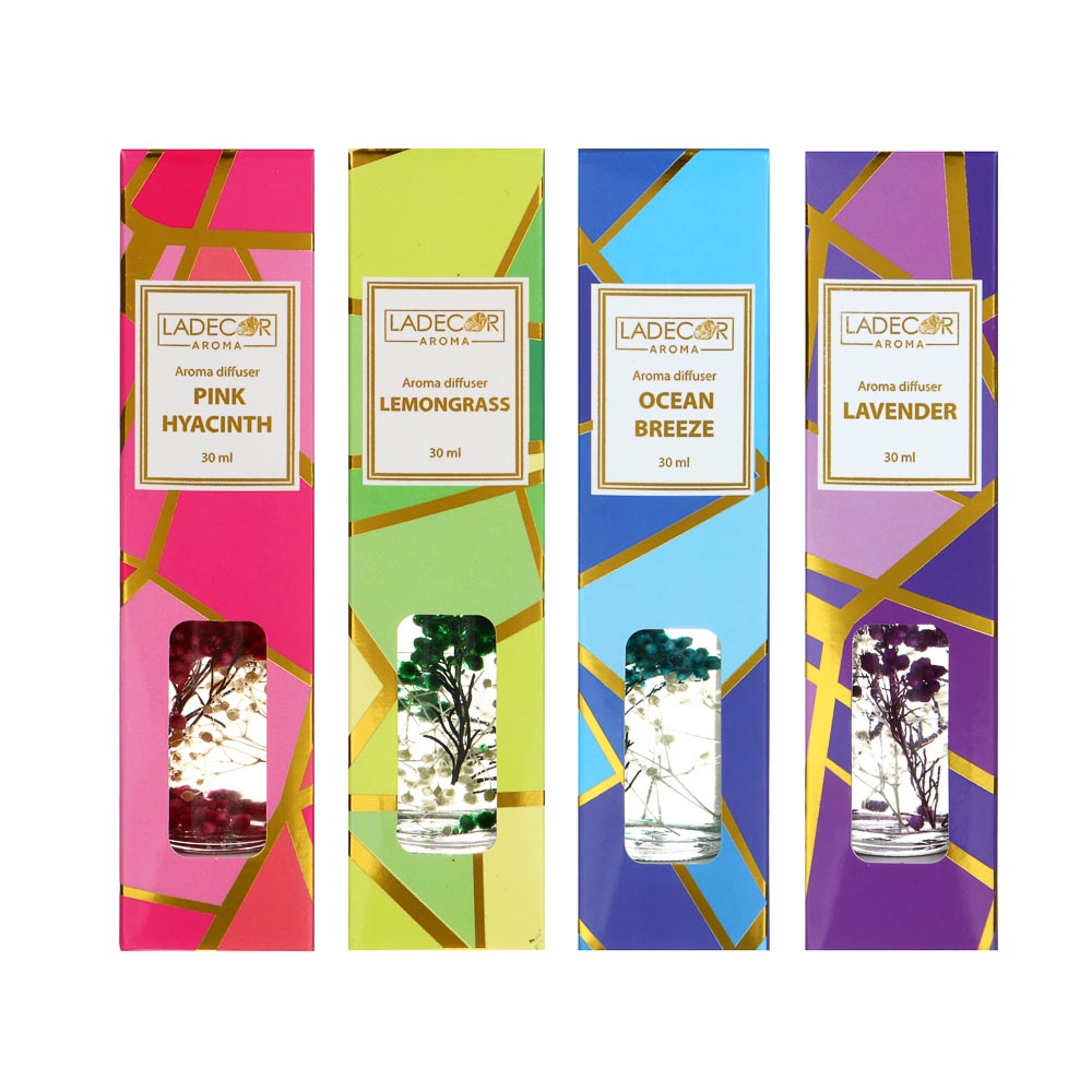 LADECOR Аромадиффузор 30мл с декором и с палочками, 4 вида лаванда,лемонграсс,роз.геоцинт,океан
