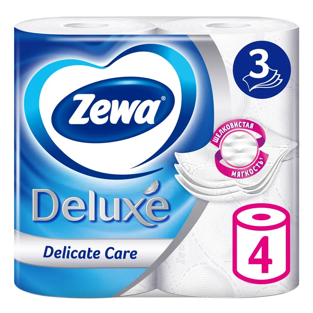 Зева Deluxe туалетная бумага 3-белая без аромата(хлопок) 4шт