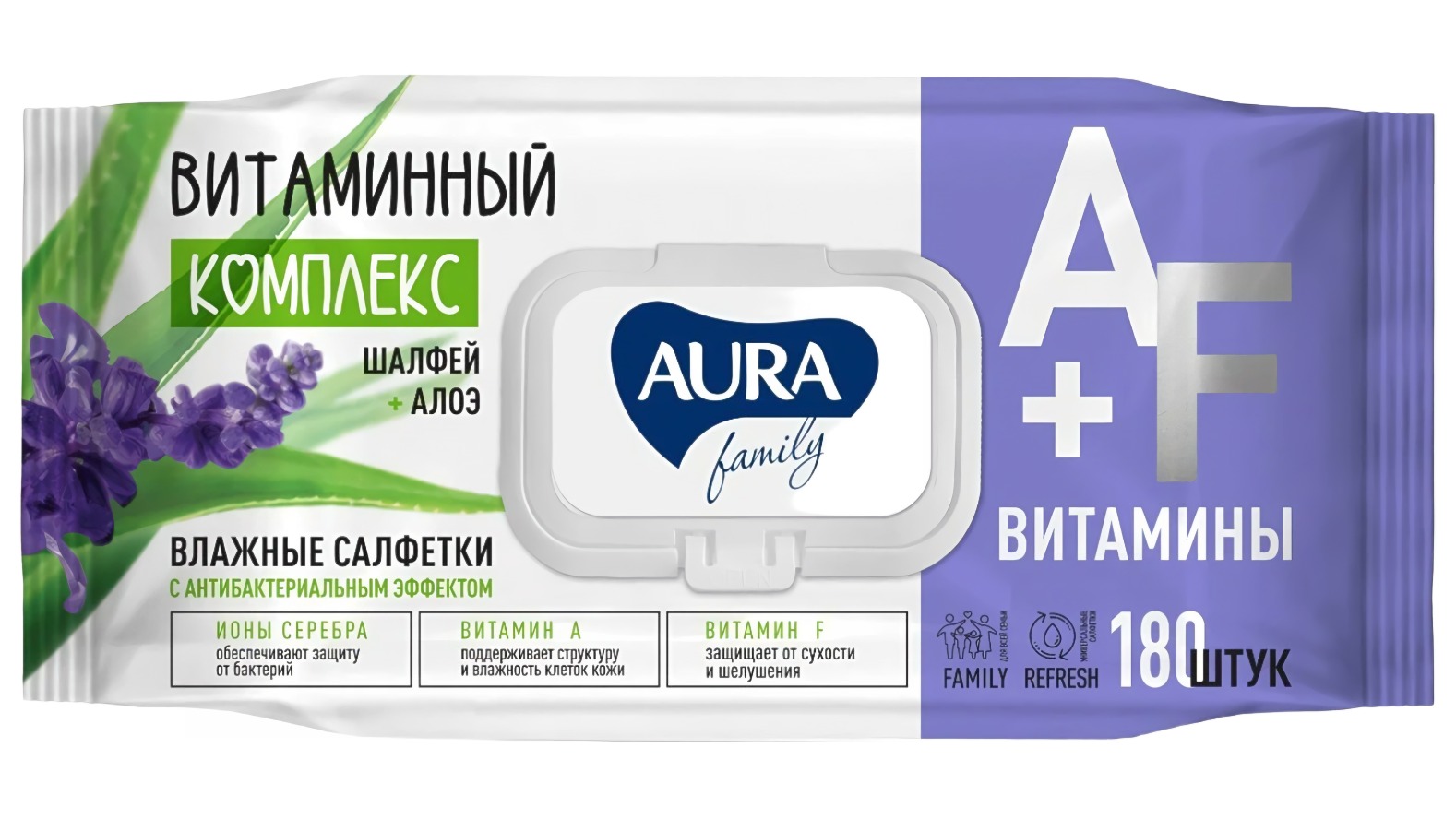 Aura Famili влажные салфетки с антибактериальным эффектом big-pack с крышкой 180шт