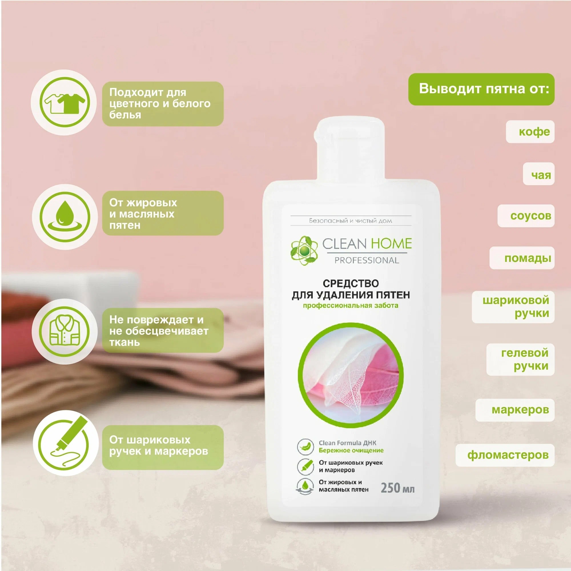 Clean Home Средство д/удаления пятен быстрое решение 250мл