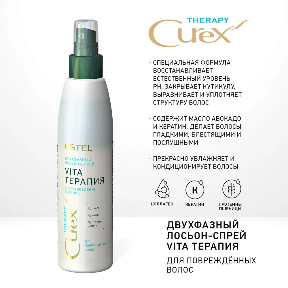 Curex Therapy Двухфазный лосьон-спрей восстановление и питание д/поврежденных волос 200мл