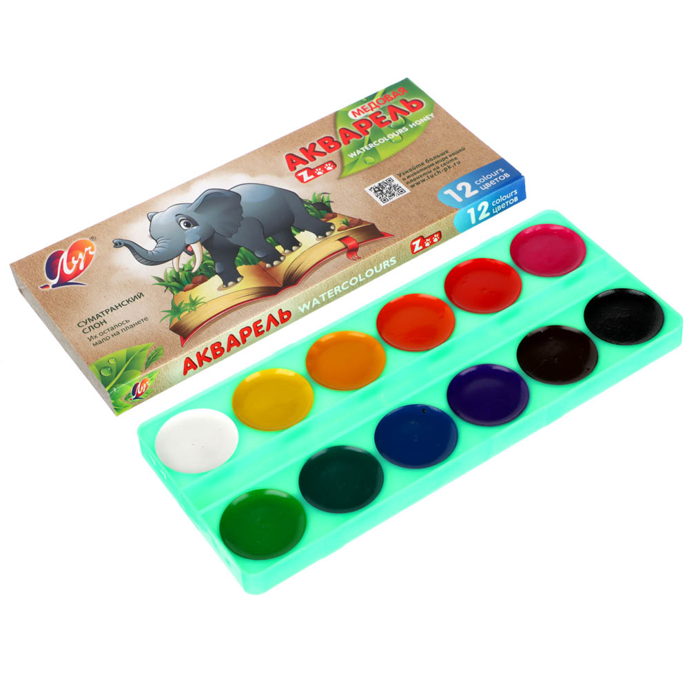 ЛУЧ Акварель медовая "ZOO", 12 цветов, без кисти, в картонной коробке