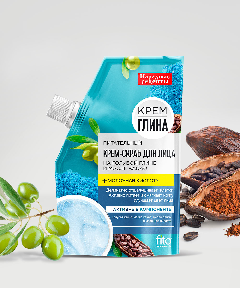 Крем-глина Народные рецепты крем-скраб для лица Питательный, дойпак 50мл 