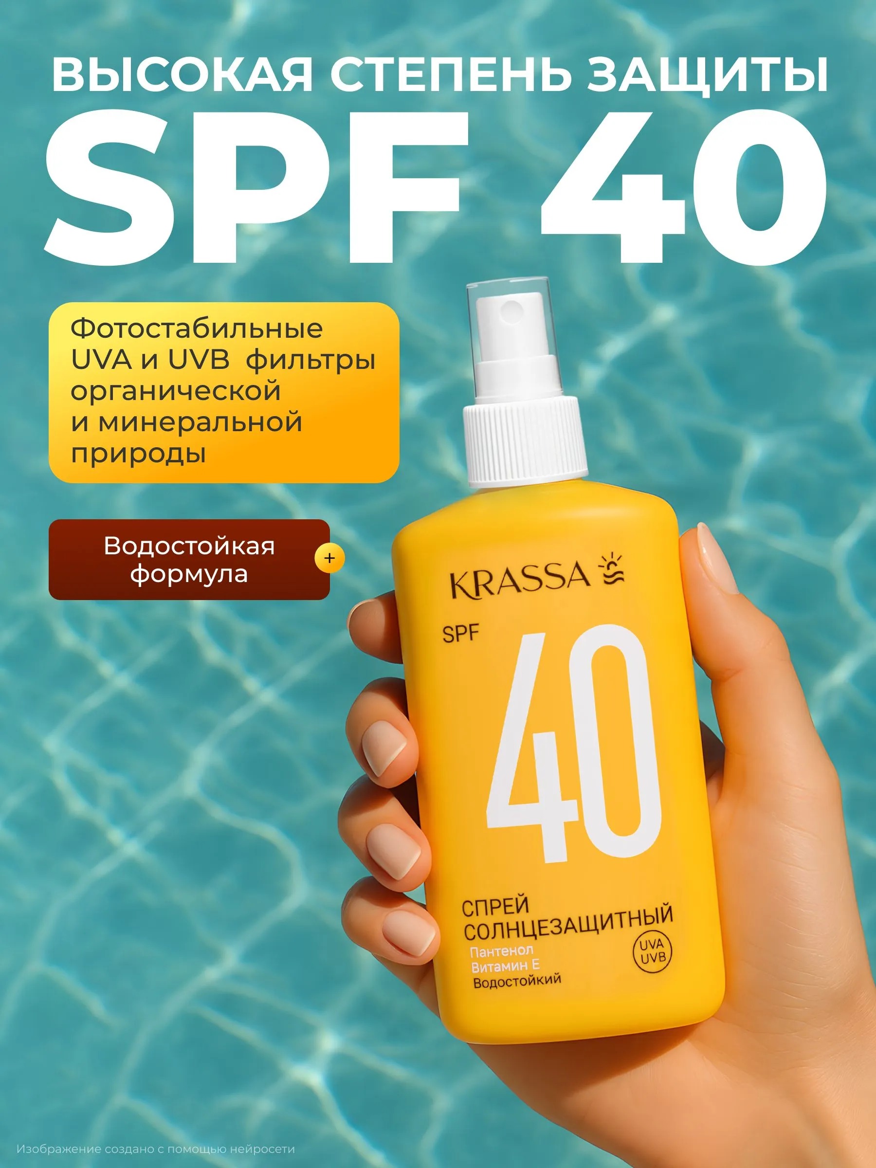 Krassa Спрей солнцезащитный водостойкий с Пантенолом и Витамином Е SPF 40 150мл