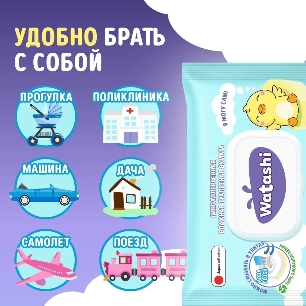 Watashi Влажная туалетная бумага для детей 0+ big-pack с крышкой 40шт Watashi Влажная туалетная бумага для детей 0+ big-pack с крышкой 40шт