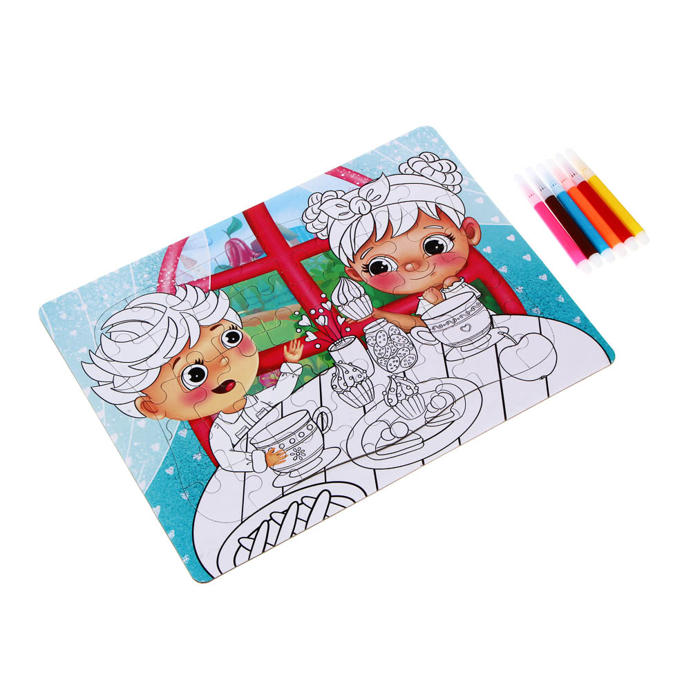 Малыши из Лиландии Пазлы для раскрашивания, картон, пластик, 6 фломастеров