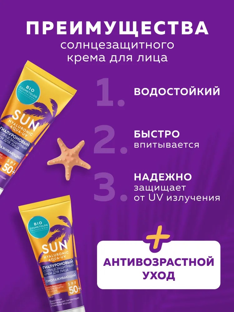 BioCosmetolog Professional Гиалуроновый солнезащитный крем для лица Омолаживающий SPF 50+ 50мл