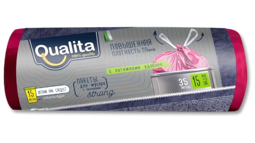 Qualita пакеты для мусора стандартные с завязками Strong 15шт (35л) 