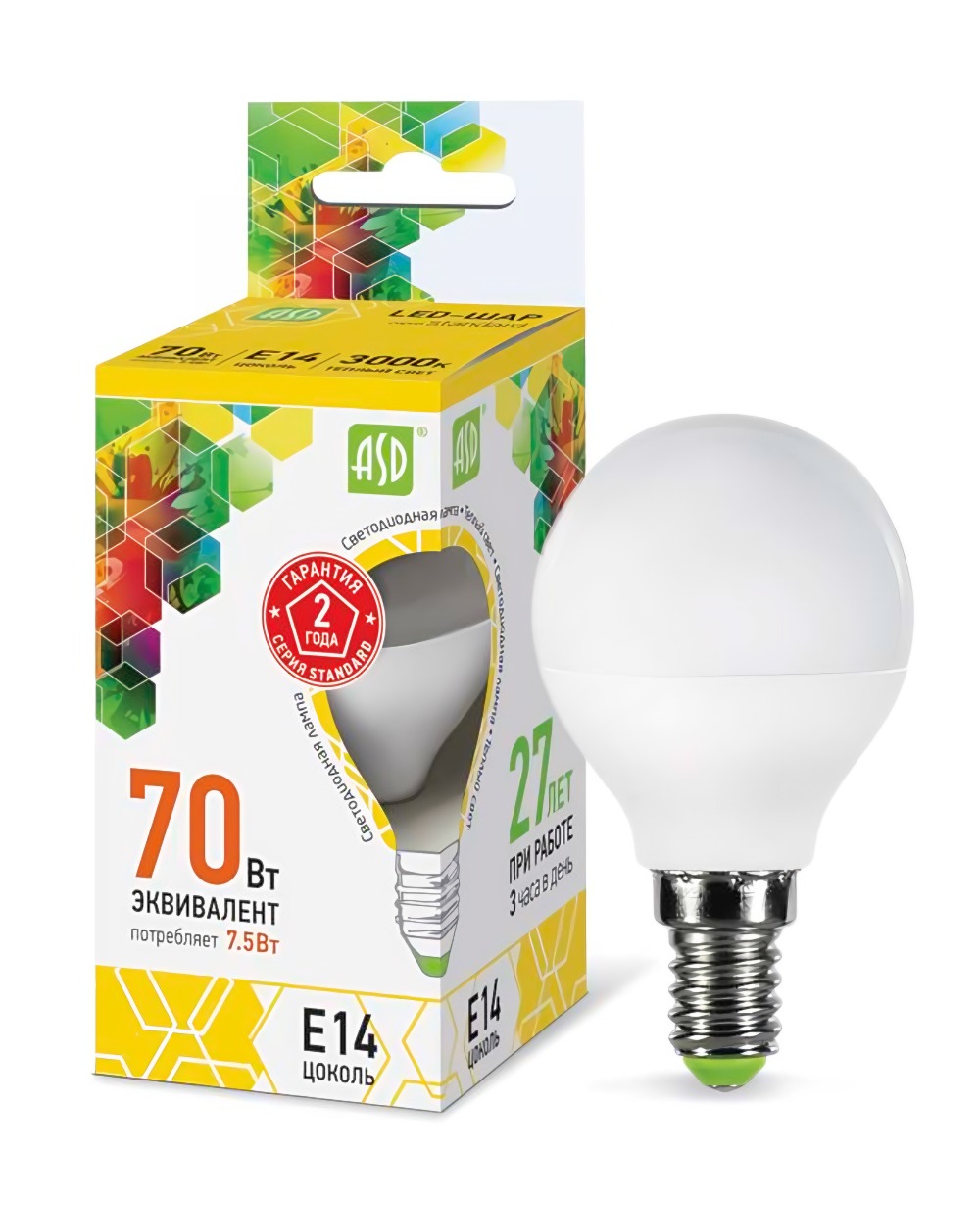 Светодиодная Led-шар-standart 7.5Вт 230В Е14 3000К 675Лм ASD 