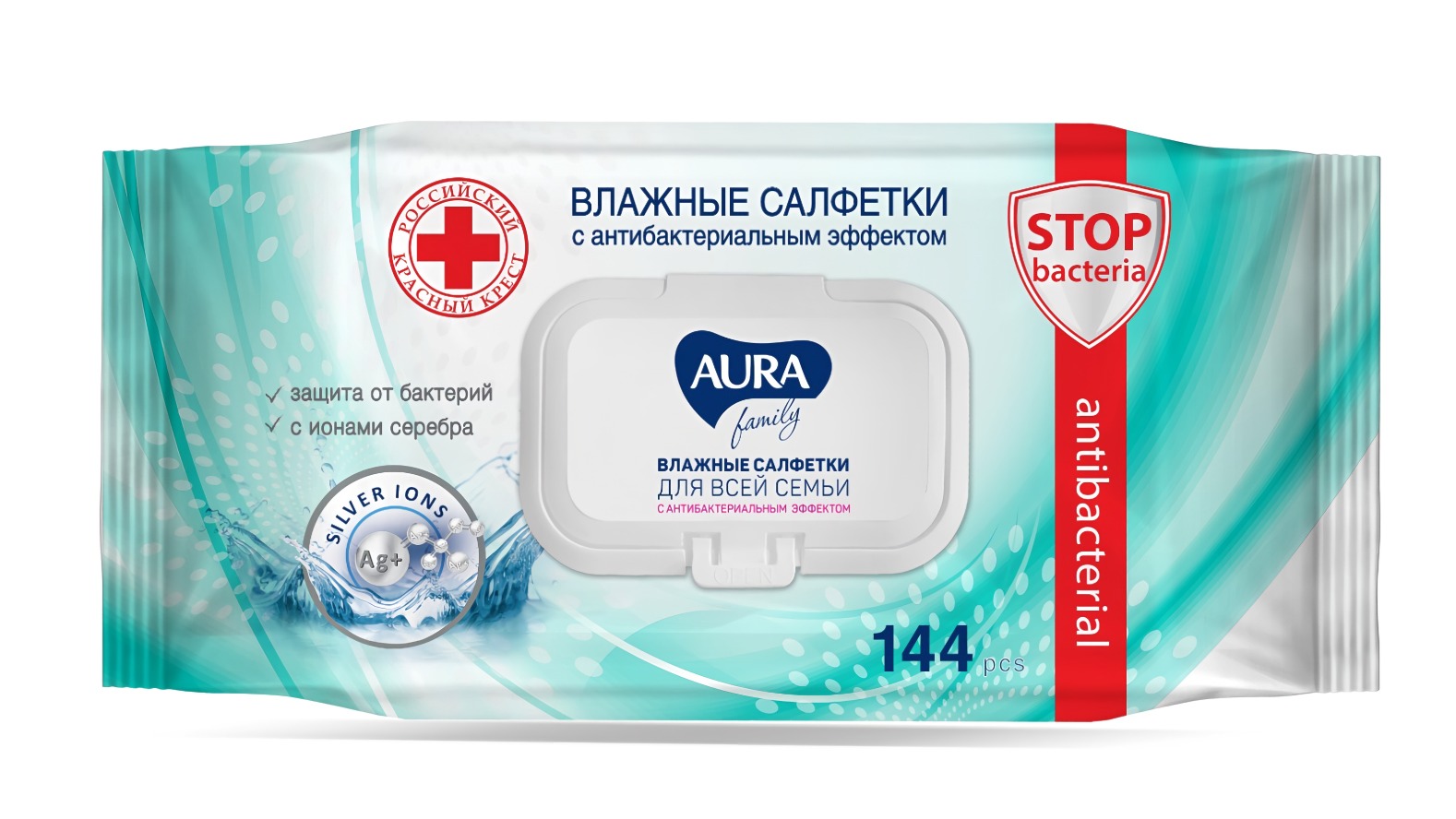 Aura влажные салфетки антибактериальные для всей семьи с крышкой 144 шт