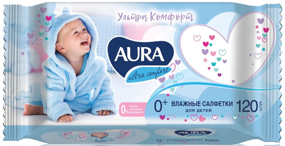 Aura Ultra comfort влажные салфетки для детей Алое+Витамин Е 120 шт