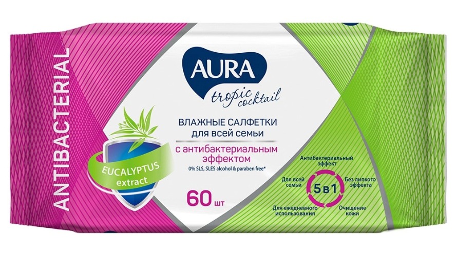 Aura влажные салфетки с антибактериальным эффектом Тропический коктейль 60шт