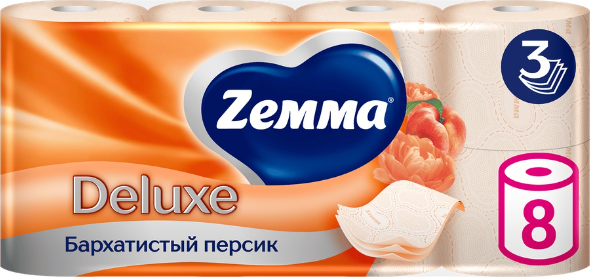 Зева/Земма Deluxe туалетная бумага 3-слойная аромат 8шт (персик)