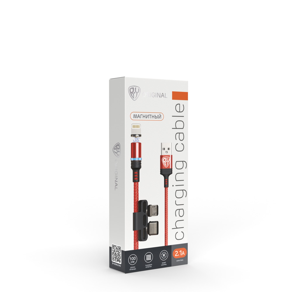 BY Кабель для зарядки Магнитный 3 в 1, iP/Micro USB/Type-C, 1м, 2.1А, красный