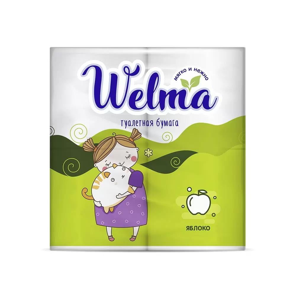 Welma Туалетная бумага двухслойная с втулкой с ароматом яблока 4шт