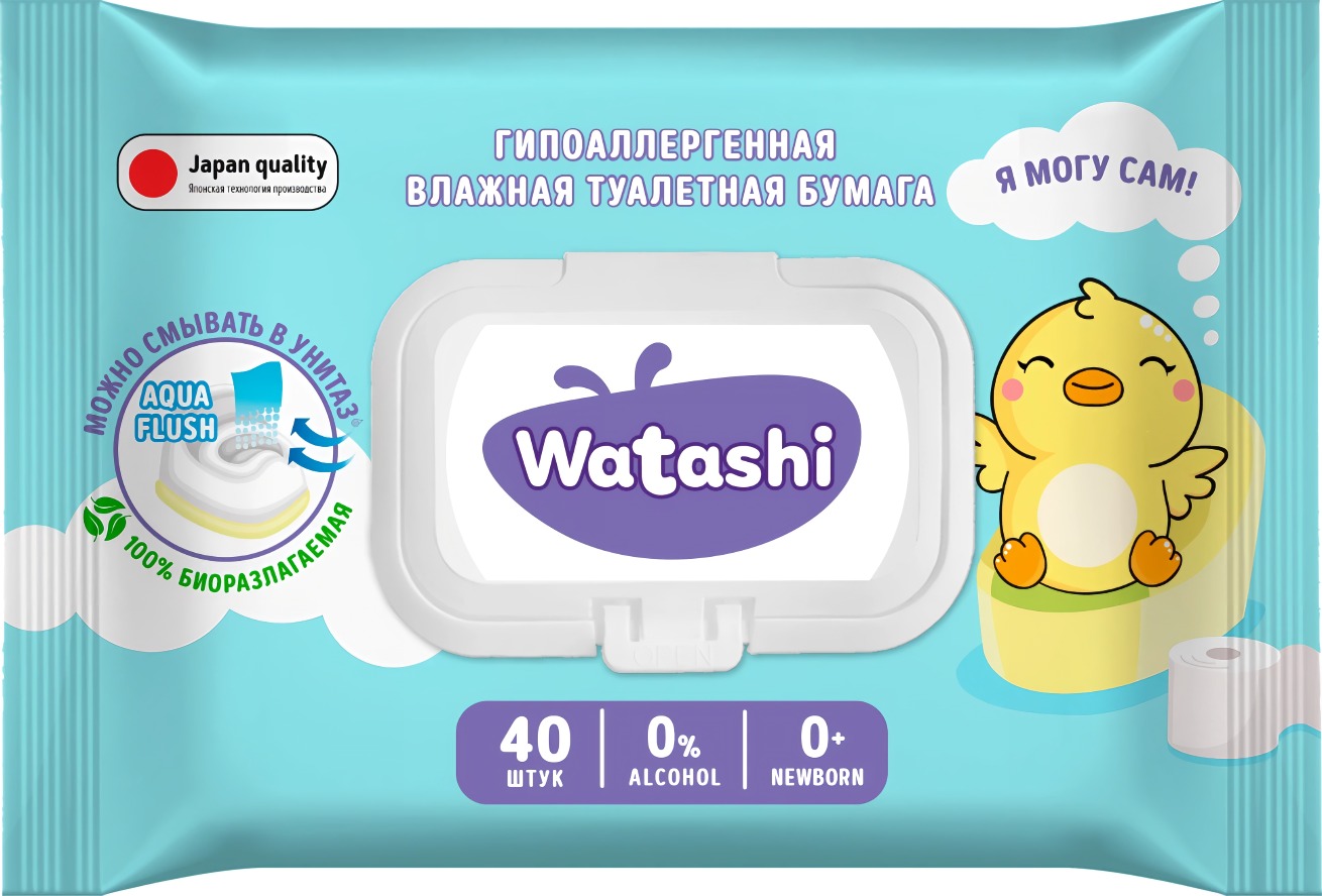 Watashi Влажная туалетная бумага для детей 0+ big-pack с крышкой 40шт Watashi Влажная туалетная бумага для детей 0+ big-pack с крышкой 40шт