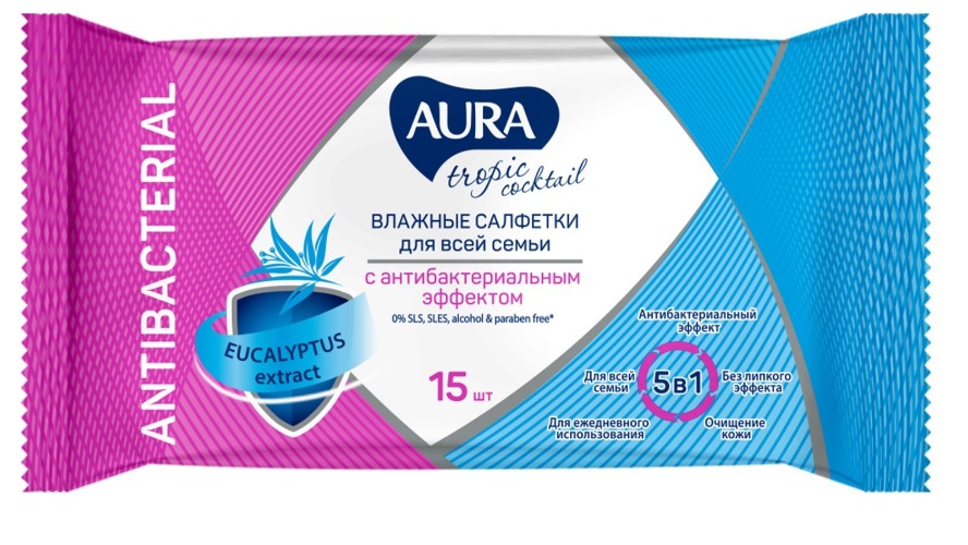 Aura влажные салфетки с антибактериальным эффектомТропический коктейль 15шт