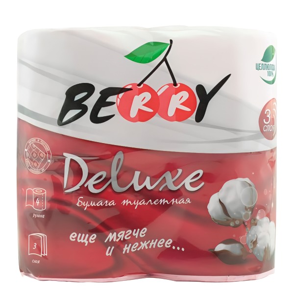 Туалетная бумага Berry Delux  3сл 4 рул 100% цел-за с тиснением, перфорация