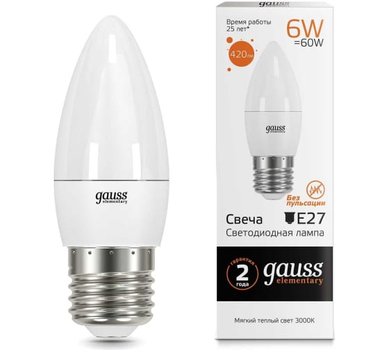 Лампа Gauss Led Elementary Свеча 6W E27 420lm 3000K