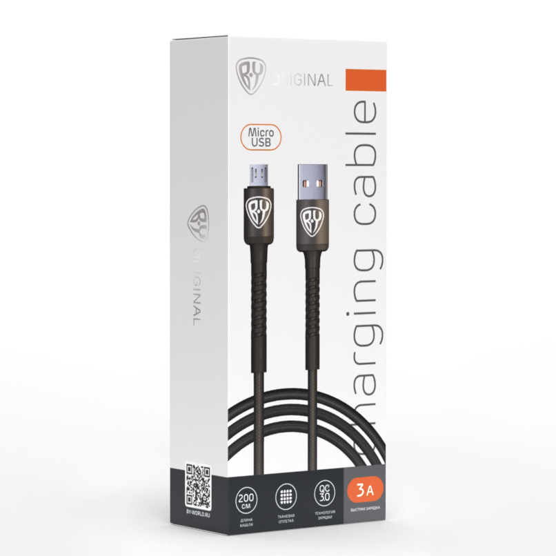 BY Кабель для зарядки XXL Micro USB, 2 м, Быстрая зарядка QC3.0, черный