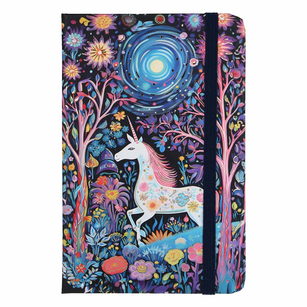 Записная книжка на резинке, А6, 80л, обложка картон, цветной срез "Единороги", закладка лента