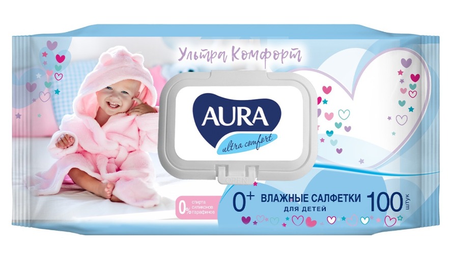Aura Ultra comfort влажные салфетки для детей Алое+Витамин Е 100 шт