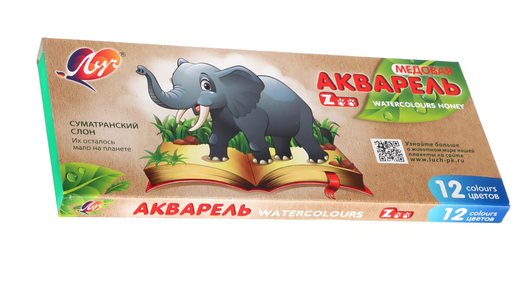 ЛУЧ Акварель медовая "ZOO", 12 цветов, без кисти, в картонной коробке