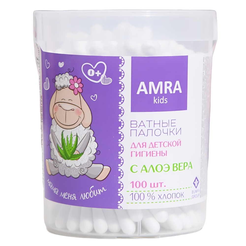 Amra ватные палочки детские с алоэ вера цилиндр 100шт